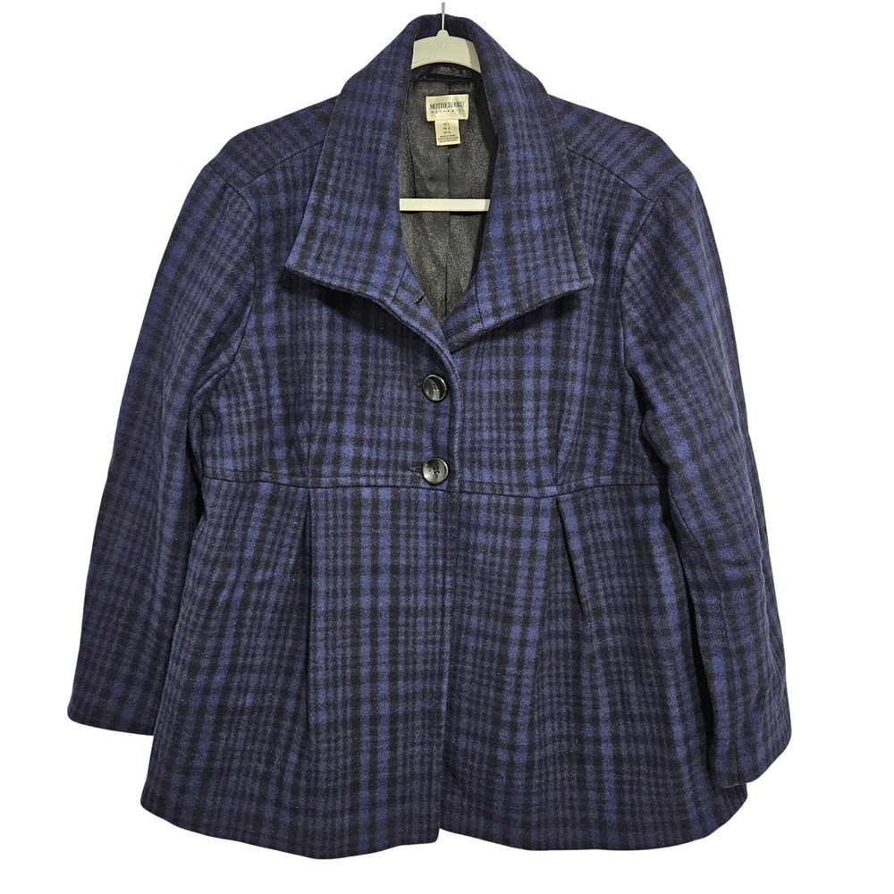Motherhood Maternity Wool Blend Pea Coat Plaid Dark Romantic Fall Blue Black L